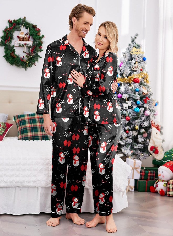 Ekouaer Couples Matching Pajamas Silk Long Sleeve Sleepwear Satin Soft Button Down Loungewear Pjs Set,Christmas Black,XXL - Image 5